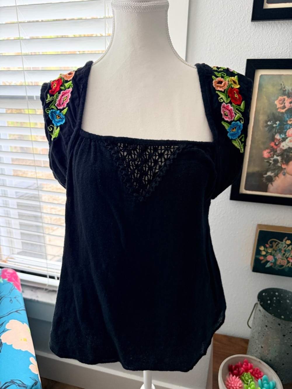 Jen’s Pirate Booty Black Embroidered Square Neck Top